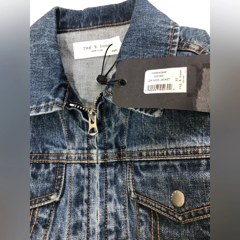 NWT $595 Rag Bone Nico Zip-front Denim Jacket With Leather Sleeves In Indigo